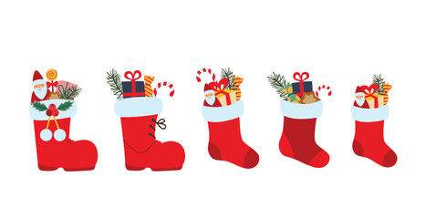 Christmas Stockings and Boots Filled with Gifts and Candy Cute Vector Set for Holiday Decorations and St Nicholas Day.