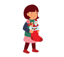 Little Girl Holding Christmas Stocking with Santa and Candy Cute Vector Illustration for Holiday Cards and Festive Designs.