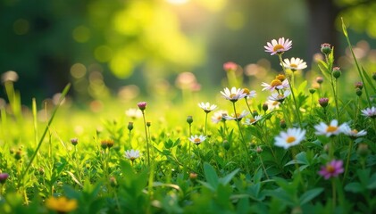 A lush green patch of wildflowers blooming in a natural meadow, sunlight filtering through the leaves Vibrant colors, natural texture, and a sense of untamed beauty , wild, environment, outdoors