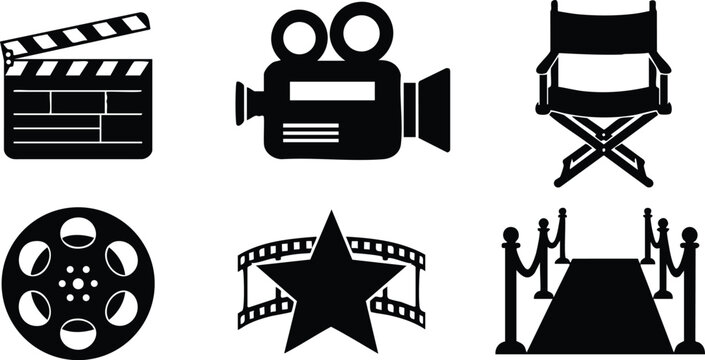 Movie cinema film production icons set with clapperboard camera director chair star and red carpet vector illustration