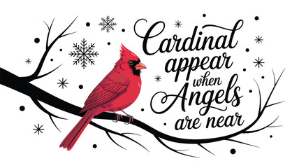 Vibrant red cardinal perched on a bare winter tree branch with falling snowflakes and inspirational text silhouette