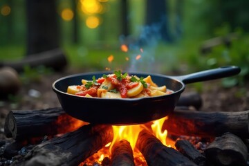 A crackling campfire with a cast iron skillet sizzling over the flames, cooking delicious food outdoors Perfect for camping, adventure, and rustic cooking imagery , travel, hot