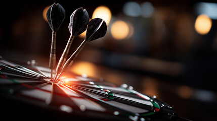 Closeup of dartboard with multiple projectiles embedded in center defocused game background bullseye scoring sections successful aim precision moment accuracy achievement