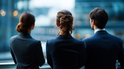 Accomplished corporate professionals standing in office setting faceless business people defocused workplace background executive presence display professional team scene