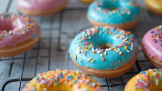 Colorful Glazed Donuts with Rainbow Sprinkles Falling on a Cooling Shelf. 4k video