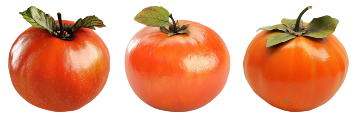 Three fresh persimmons, each with a vibrant orange hue, ready to be enjoyed. The fruit is round and smooth, and the green leaves add a natural touch