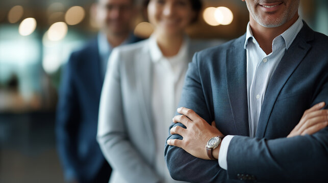 Accomplished corporate professionals standing in office setting faceless business people defocused workplace background executive presence display professional team scene