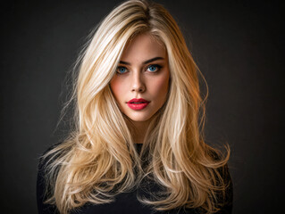 Fototapeta premium A young blonde woman with long, wavy hair and blue eyes models makeup against a dark background. Use: fashion editorial spread, beauty product.