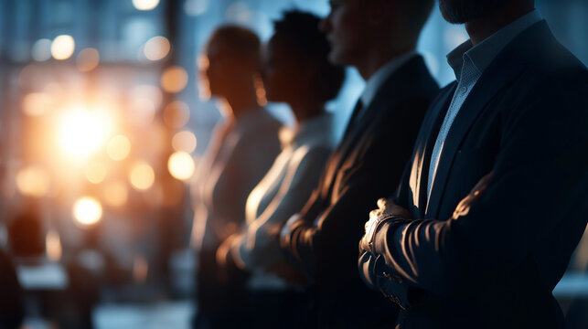 Accomplished corporate professionals standing in office setting faceless business people defocused workplace background executive presence display professional team scene