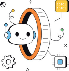 Ai robot interacting with data and chipset artificial intelligence isometric flat vector illustration
