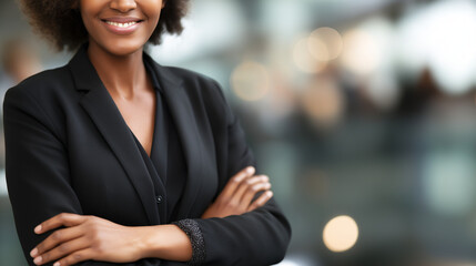 Portrait of confident accomplished professional with crossed arms faceless Black businesswoman defocused modern office background executive presence display leadership demeanor