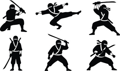 Ninja silhouettes in action poses with swords and martial arts dynamic movements vector illustration