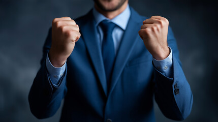 Accomplished professional showing triumph gesture faceless overjoyed businessman defocused grey background celebratory expression display victory signal scene business achieve