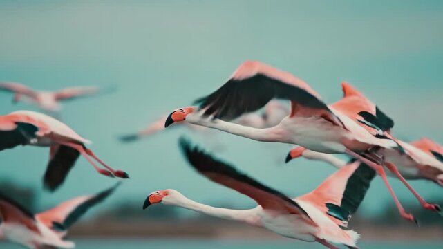 Flock of flamingos soaring in flight sequence. Group of pink birds gliding over water in blue sky. Wildlife nature and avian migration concept.