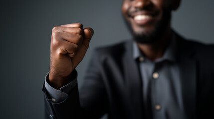 Accomplished professional showing triumph gesture faceless overjoyed businessman defocused grey background celebratory expression display victory signal scene business achieve