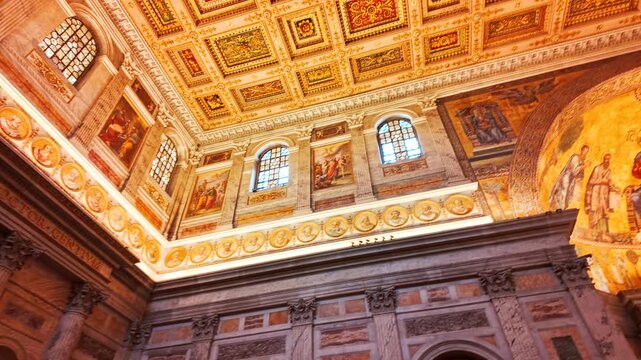 The central nave of  the Basilica of Saint Paul Outside the Walls or Basilica di San Paolo fuori le Mura in Rome, Italy