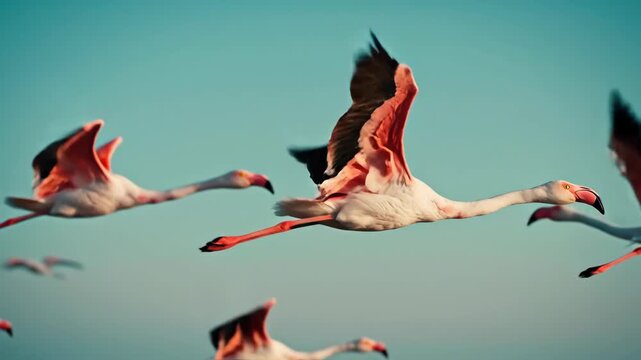 Flock of flamingos flying across blue sky. Pink birds soaring in formation during migration. Wildlife aerial sequence showing graceful bird flight in nature