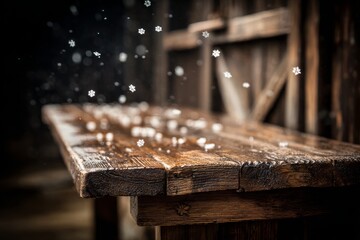 Obraz premium Delicate snowflakes are falling softly onto a worn wooden table situated in a warm and inviting indoor space on a winter's day