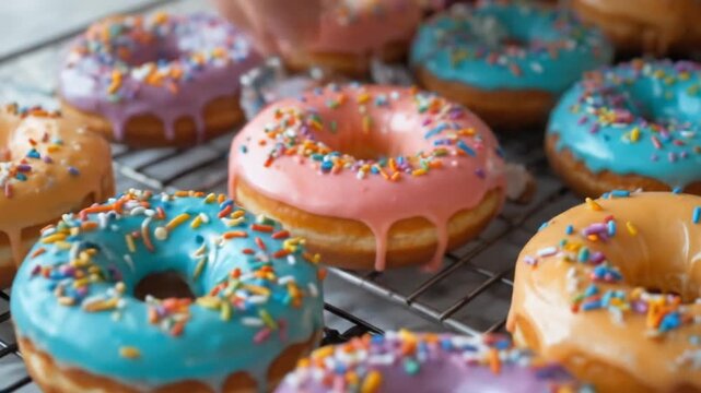 Colorful Glazed Donuts with Rainbow Sprinkles Falling on a Cooling Shelf. 4k video