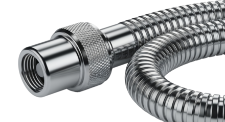 Chrome shower hose with threaded connector on white background  