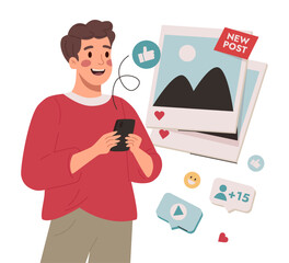 Man Like New Post in Social Media Feed on Phone.