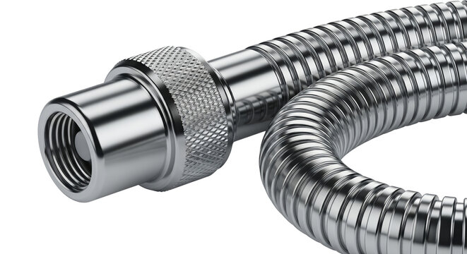 Chrome shower hose with threaded connector on white background  
