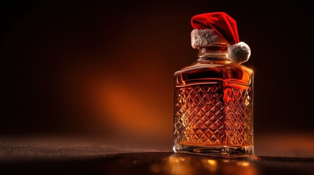  bottle of engraved crystal no-name whisky with a santa hat on top. at a gradient background