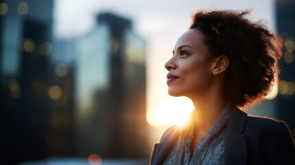 Prosperous professional standing in metropolitan area at sunset faceless wealthy African American businesswoman defocused modern skyscrapers background city success scene