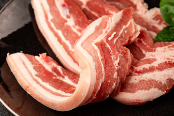 Bacon slice lard with meat slices pieces pork tenderloin portion size natural product tasty snack fresh delicious gourmet food background on the table rustic top view copy space