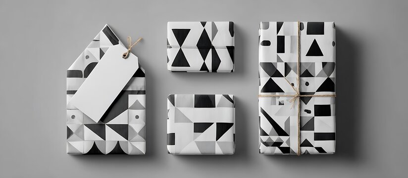 Stock photo of wrapped gifts with geometric pattern and tag for christmas holiday - Powered by Adobe