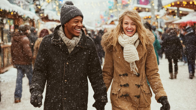 Joyful couple walking together in a snowy winter market, showcasing happiness and festive spirit amidst holiday lights and decoration. - Powered by Adobe