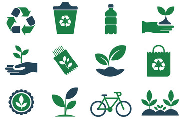 Set of green and blue recycling and ecology icons vector symbols for environmental protection isolated on white background