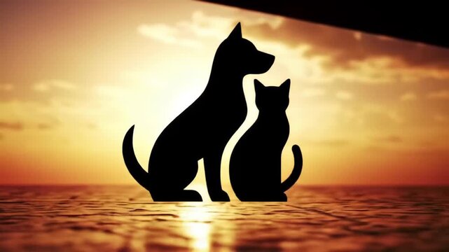 Silhouetted cat and dog against a sunset over water