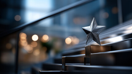 Large stellar symbol on stairway defocused business background successful concept visualization achievement progression display goal attainment symbolism with copy space