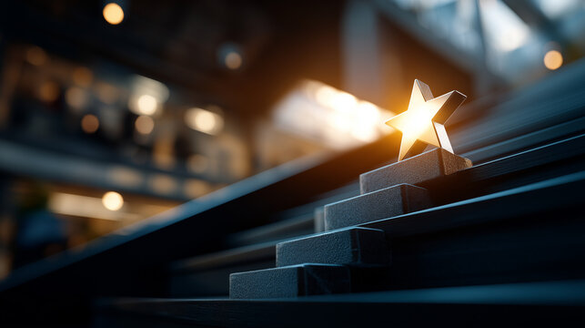 Large stellar symbol on stairway defocused business background successful concept visualization achievement progression display goal attainment symbolism with copy space