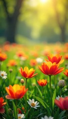 Fototapeta premium Vibrant spring flowers in a lush green field, bathed in the warm sunlight A perfect representation of the season's colorful beauty and renewal , season, petals, buttercups