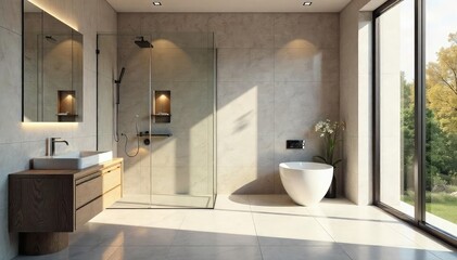 Luxurious modern bathroom featuring sleek, large format tiles in a calming neutral palette The space includes a rainfall shower, modern fixtures, and ample natural light , beige, renovation, grey
