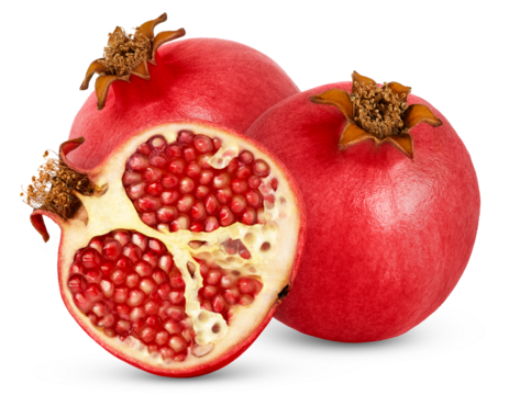 Pomegranate with cut in half isolated on white background. Two pomegranates and half with clipping path.