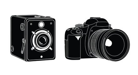 Vintage twin lens and modern dslr cameras in a black and white sketch