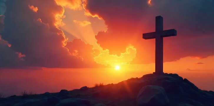 Silhouetted cross on a dramatic sunset, symbolizing hope, faith, and redemption A powerful image representing spiritual peace and the promise of salvation , clouds, light