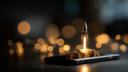 Rocket launching from smartphone surrounded by golden coins defocused financial background symbolizes successful startup investment screen growth visualization entrepreneurial