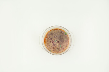 Top view of extremely spoiled borscht with widespread green and white mold colonies covering nearly the entire surface.