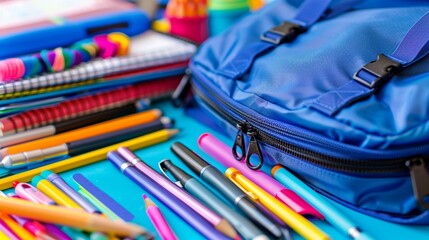 Neatly arranged school supplies featuring a blue backpack and vibrant stationery for back to school