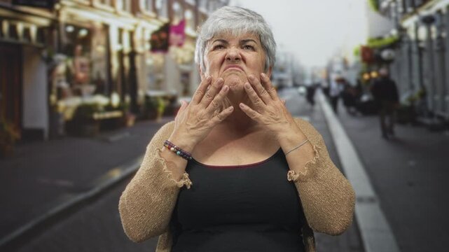 Woman pressing cheeks with hands and making a sour grimace on a pedestrian shopping street; frustration aging.
