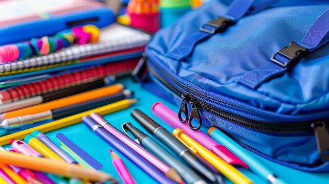 Neatly arranged school supplies featuring a blue backpack and vibrant stationery for back to school