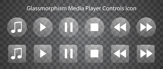 Glassmorphism media player controls icon set with music, play, pause, stop, rewind, and fast forward buttons. © Tabungan Piknik