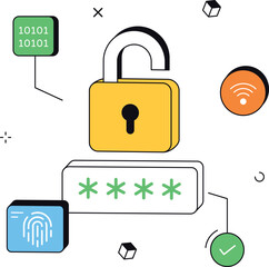 Online security unlock with fingerprint and password cyber isometric flat vector illustration