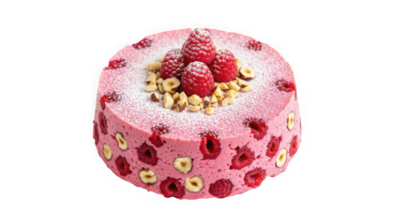 Delicious pink raspberry cake decorated with fresh berries and nuts