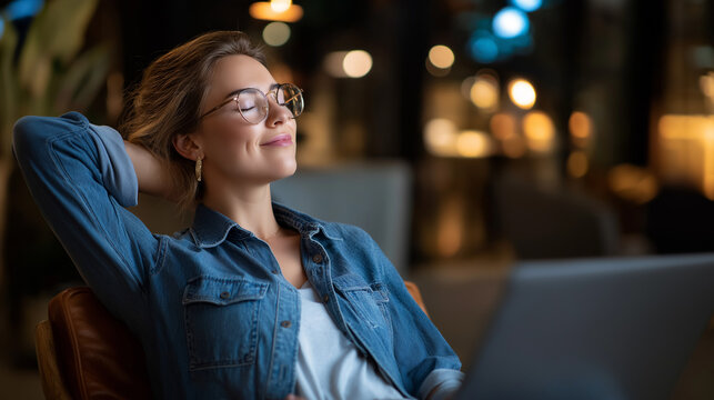 Young individual with laptop computer in accomplished pose sitting in chair faceless woman defocused workspace background successful position display confident demeanor scene