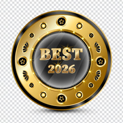 Gold luxury badge best 2026 award emblem, premium label, golden medal shiny, round icon